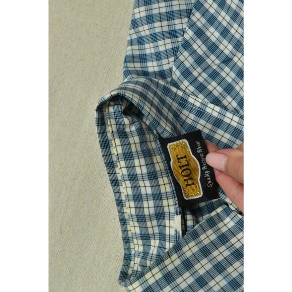 Vintage HOLT Blue Plaid Western Snap Button Down Shirt Mens Size L Long Sleeve - Picture 7 of 8